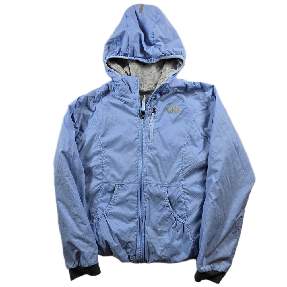 The North Face Reversible WindWall Jacket Girls Medium 10/12 Blue Fleece Hood